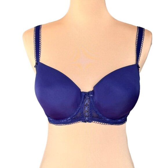 NWOT Lou Paris Satin T-Shirt Bra Sz.E Blue Lace Underwire Sexy Lingerie Feminine - Picture 1 of 10
